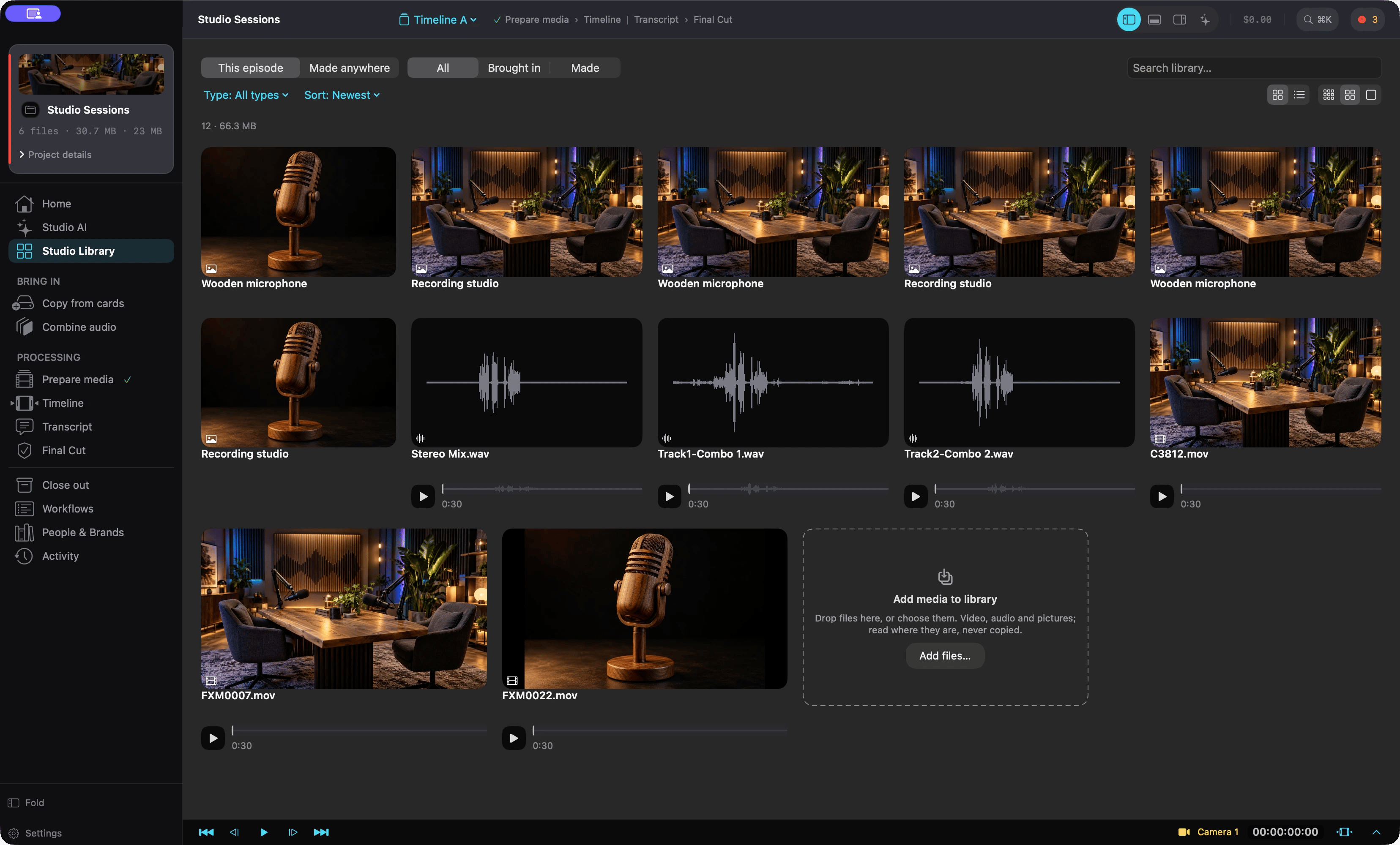 Studio Library: the episode's pictures, audio files and clips in one searchable grid, with filters, sorting and play buttons.