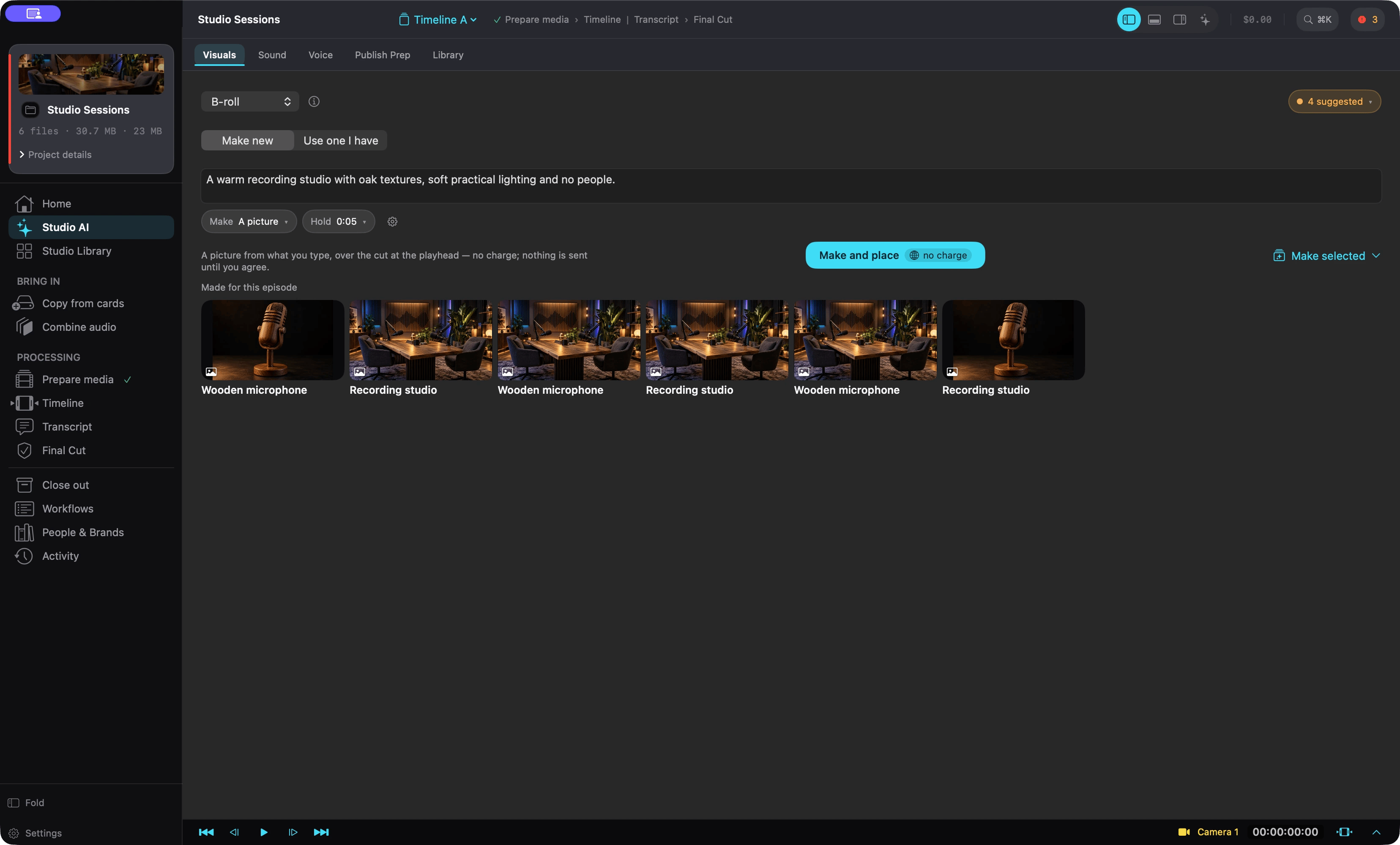 Studio AI's Visuals tab: a description of a B-roll picture, a choice between making a new one or using one you have, and a button that makes it and places it over the cut with the charge shown.