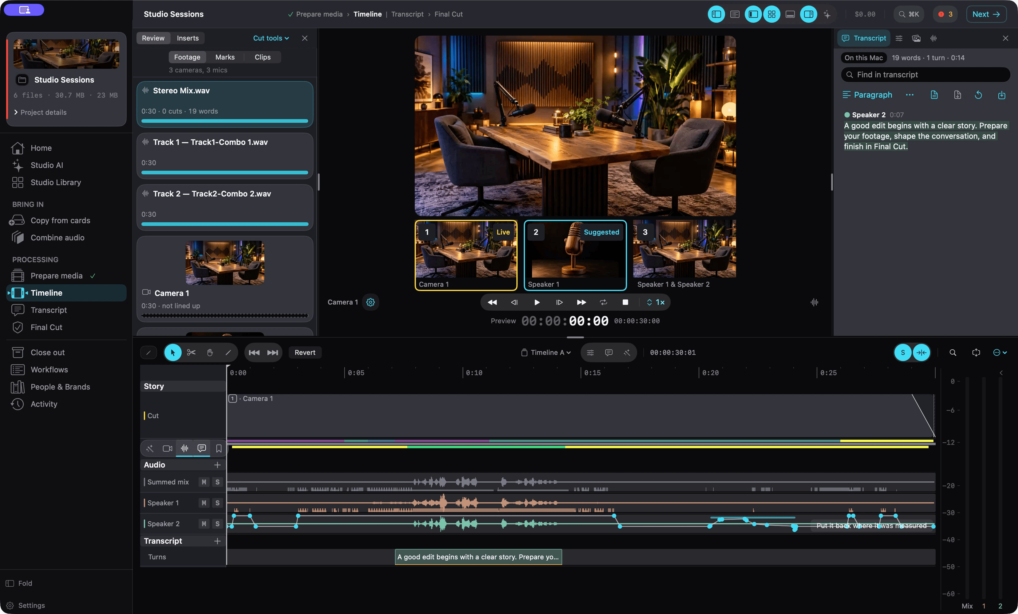 The Timeline room of Vision2Life Media Editor: the picture and camera angle switcher at the top, the transcript beside it, and audio lanes under the cut. The footage is a demo of an empty recording studio.