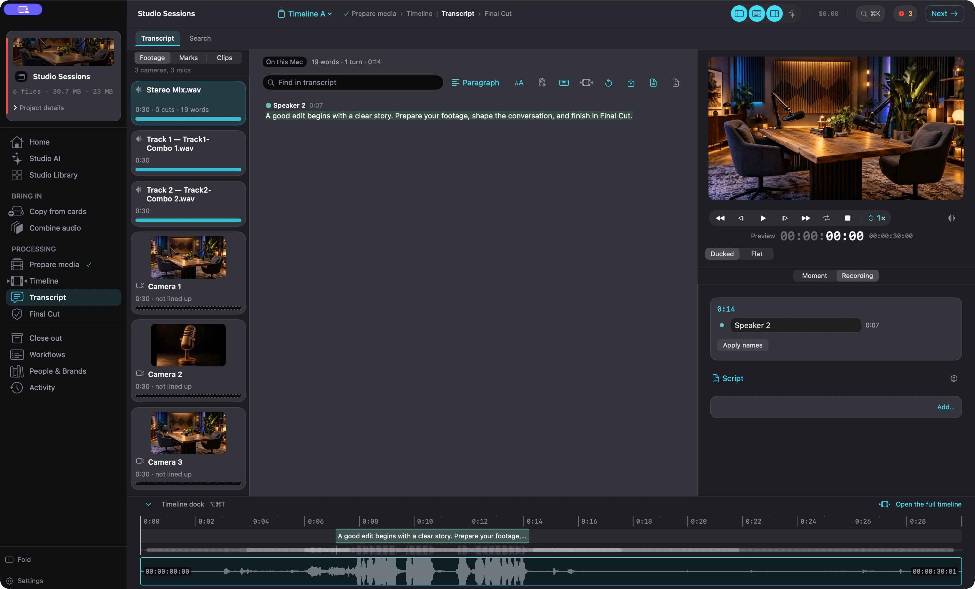 The Transcript room: timed words with a speaker label and a search box, the picture beside them, and a shared timeline underneath.