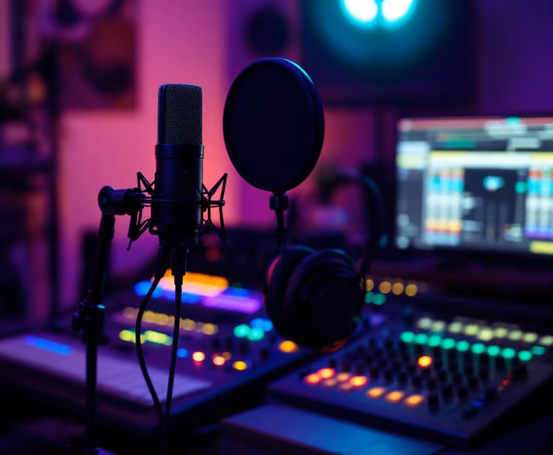 Illustrative image: a vocal microphone with a pop filter and headphones in front of a mixing desk