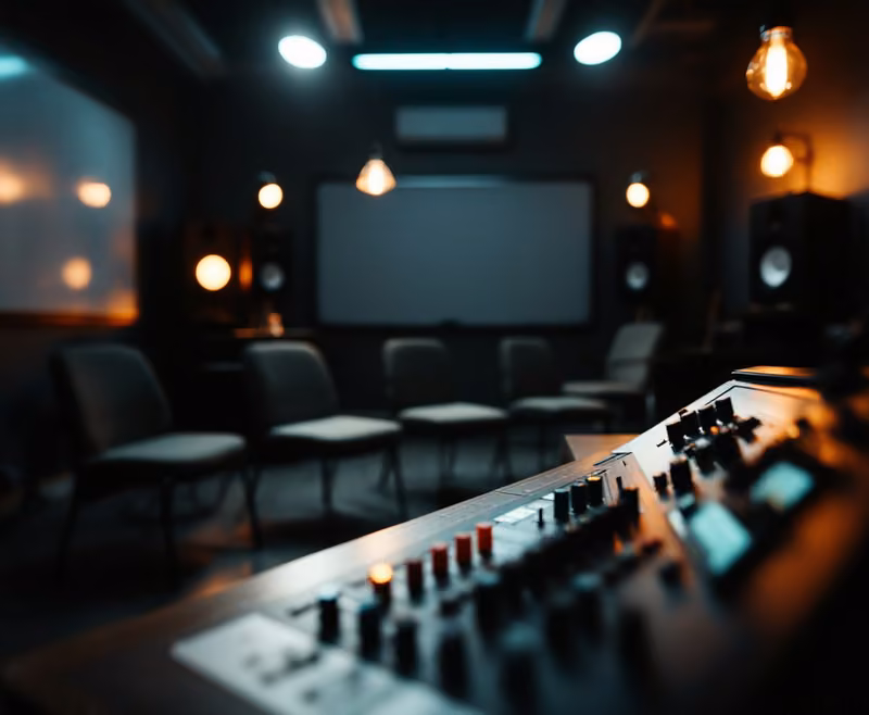 Illustrative image: a classroom studio with a mixing console in front of empty chairs