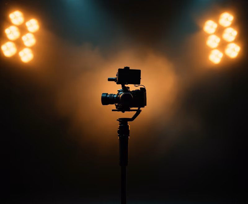Illustrative image: a cinema camera on a gimbal on a hazy stage under warm lights