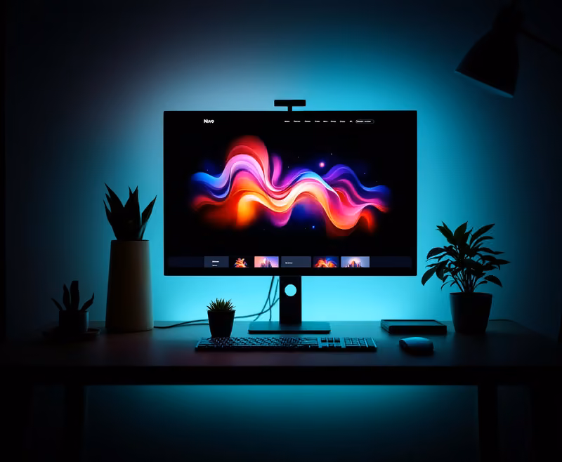Illustrative image: a desk with a large monitor showing a colorful website layout