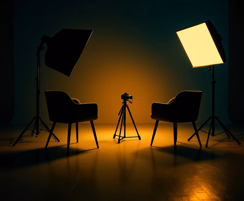 Illustrative image: an interview set with two chairs facing a camera between softbox lights